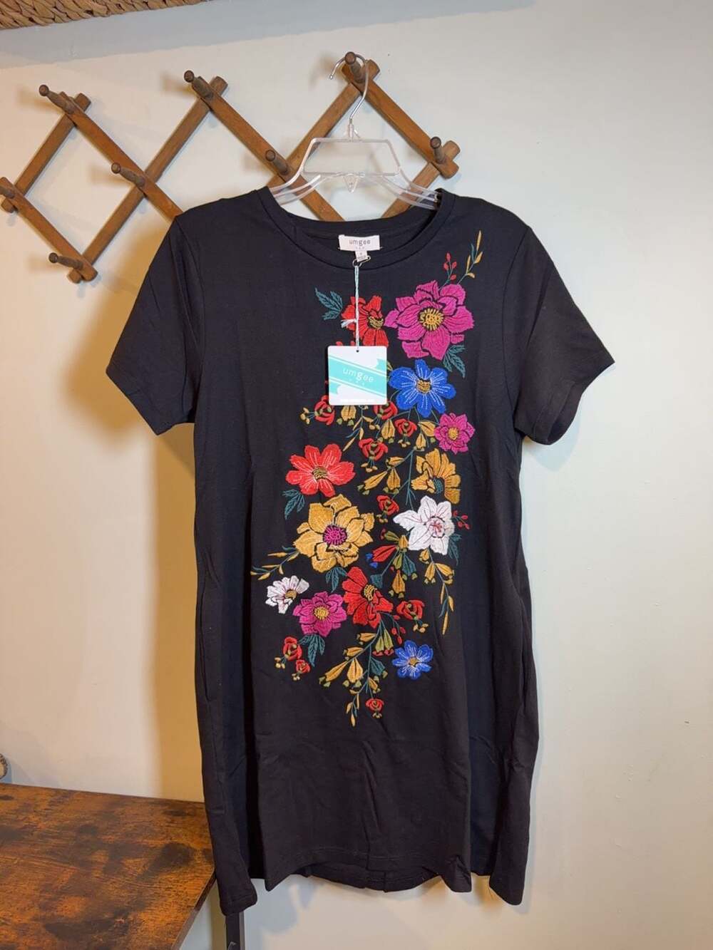 Umgee G2068 Floral Embroidered Black T-Shirt Dress Size S